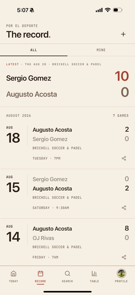 Por El Deporte record screen showing match results and history