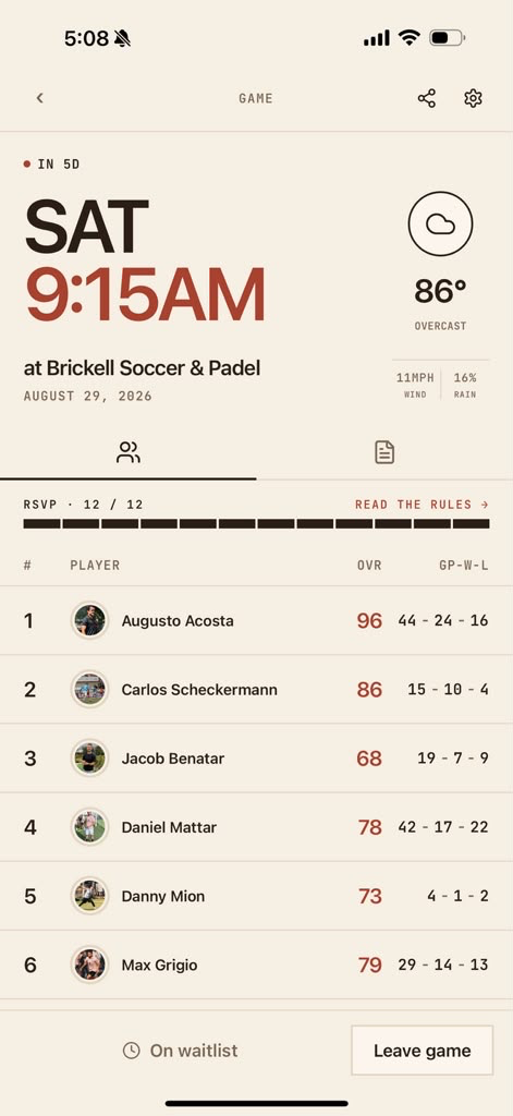 Por El Deporte game details screen with weather and roster