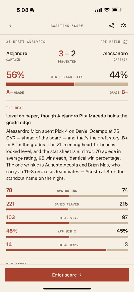 Por El Deporte post-draft analysis screen comparing teams